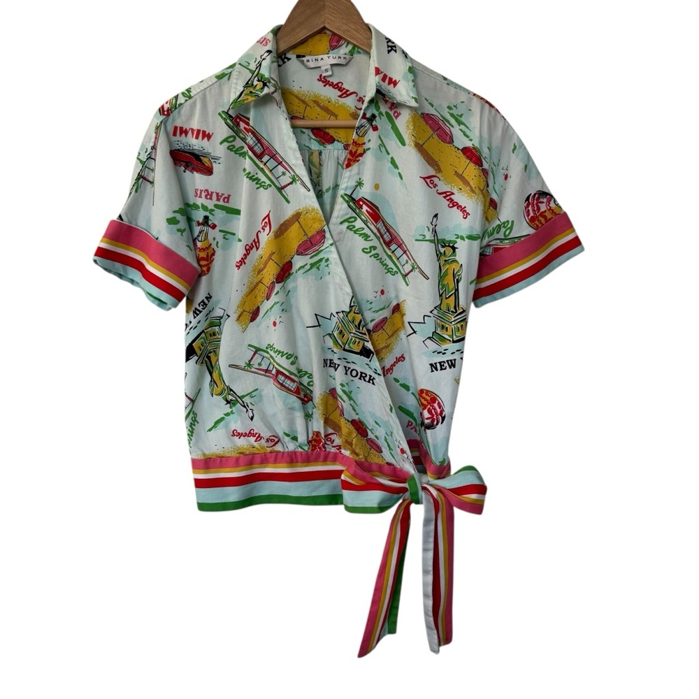 Trina Turk Short Sleeve Wrap Blouse Colorful Top SMALL